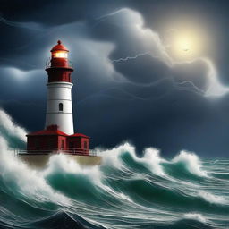 A dramatic digital art poster showcasing a stormy night at sea with a lighthouse and a large boat