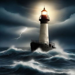 A dramatic digital art poster showcasing a stormy night at sea with a lighthouse and a large boat