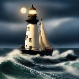 A dramatic digital art poster showcasing a stormy night at sea with a lighthouse and a large boat