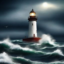 A dramatic digital art poster showcasing a stormy night at sea with a lighthouse and a large boat