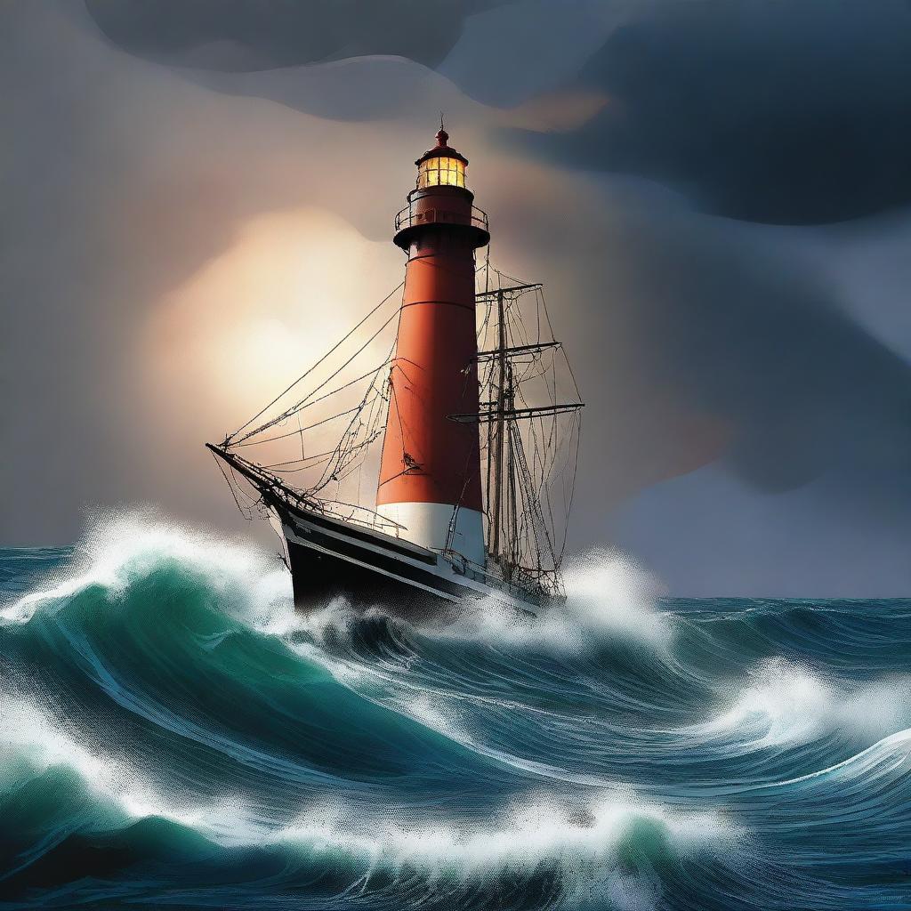 A gripping digital art poster depicting a large boat navigating a tumultuous storm at sea, with a lighthouse in the distance