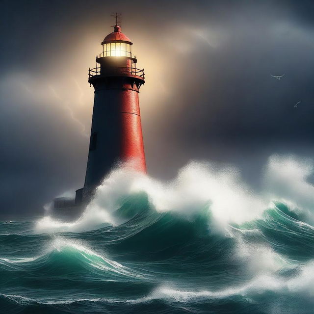 A gripping digital art poster depicting a large boat navigating a tumultuous storm at sea, with a lighthouse in the distance