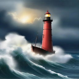 A gripping digital art poster depicting a large boat navigating a tumultuous storm at sea, with a lighthouse in the distance