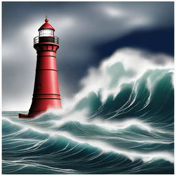 A gripping digital art poster depicting a large boat navigating a tumultuous storm at sea, with a lighthouse in the distance