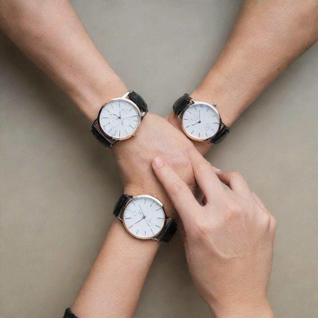 Close-up of two couples' hands intertwined, each wearing a stylish watch on their wrist.