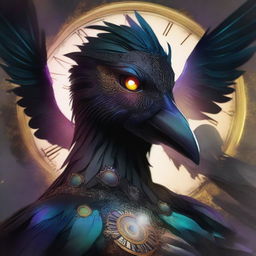 Generate a high-quality digital art of a bird-man with lustrous black feathers