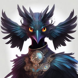 Generate a high-quality digital art of a bird-man with lustrous black feathers