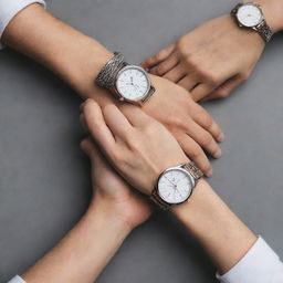 Close-up of two couples' hands intertwined, each wearing a stylish watch on their wrist.