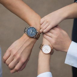 Close-up of two couples' hands intertwined, each wearing a stylish watch on their wrist.