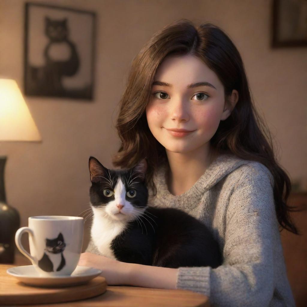 A Pixar-style image of a brunette girl and her black and white cat in a warm, cozy setting