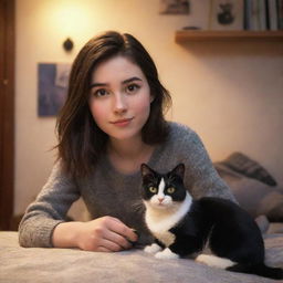 A Pixar-style image of a brunette girl and her black and white cat in a warm, cozy setting