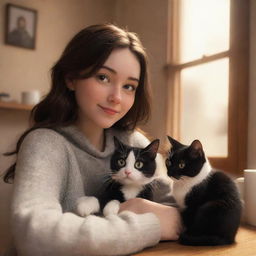 A Pixar-style image of a brunette girl and her black and white cat in a warm, cozy setting