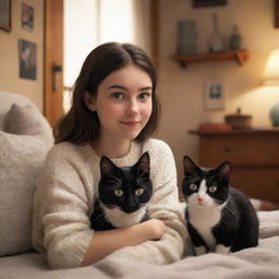 A Pixar-style image of a brunette girl and her black and white cat in a warm, cozy setting