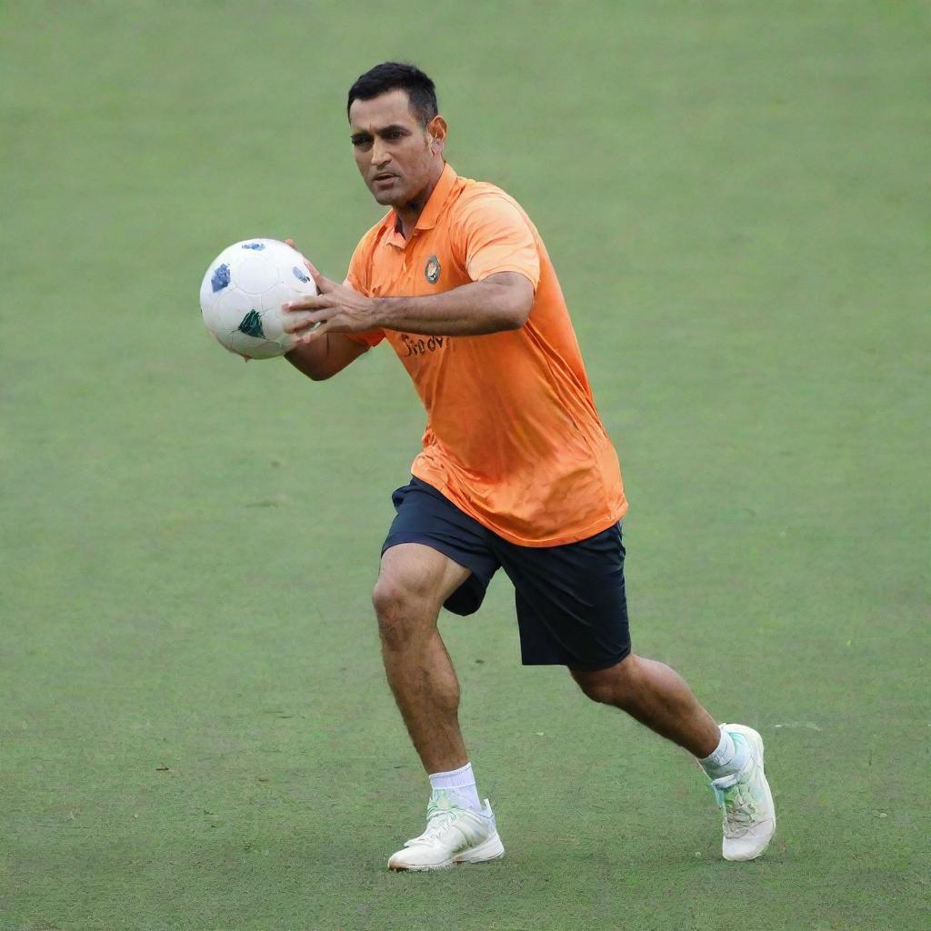 MS Dhoni, the famous cricketer, in athletic attire, showcasing his skills as he skillfully handles a football on a bright green field