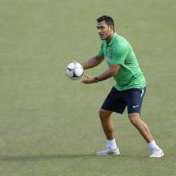 MS Dhoni, the famous cricketer, in athletic attire, showcasing his skills as he skillfully handles a football on a bright green field