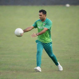 MS Dhoni, the famous cricketer, in athletic attire, showcasing his skills as he skillfully handles a football on a bright green field