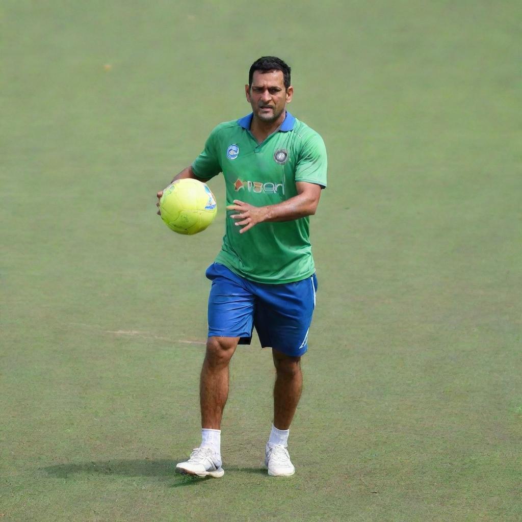 MS Dhoni, the famous cricketer, in athletic attire, showcasing his skills as he skillfully handles a football on a bright green field