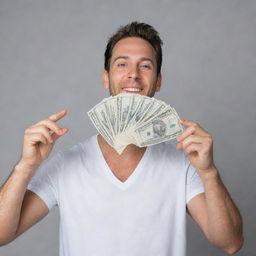 A man joyfully holding up a fan of one thousand dollar bills in cash.