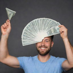 A man joyfully holding up a fan of one thousand dollar bills in cash.