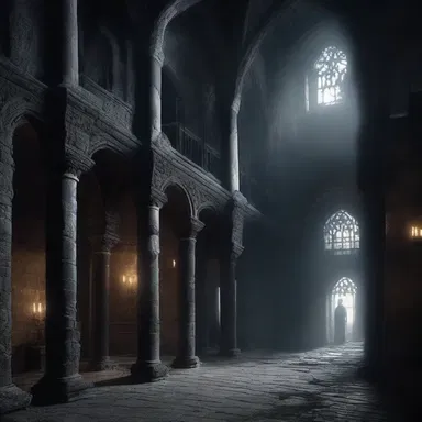 The dark and gothic elements in the grim castle create a mysterious atmosphere.