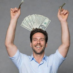 A man joyfully holding up a fan of one thousand dollar bills in cash.