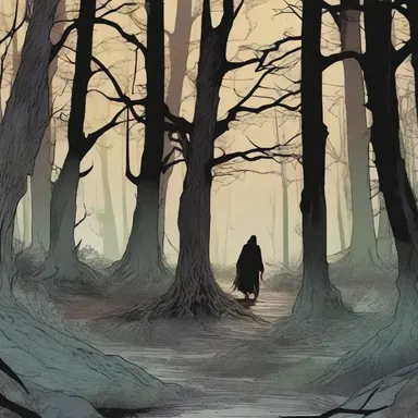 The grim artwork in the comic book perfectly captures the eerie ambiance of the haunted forest.