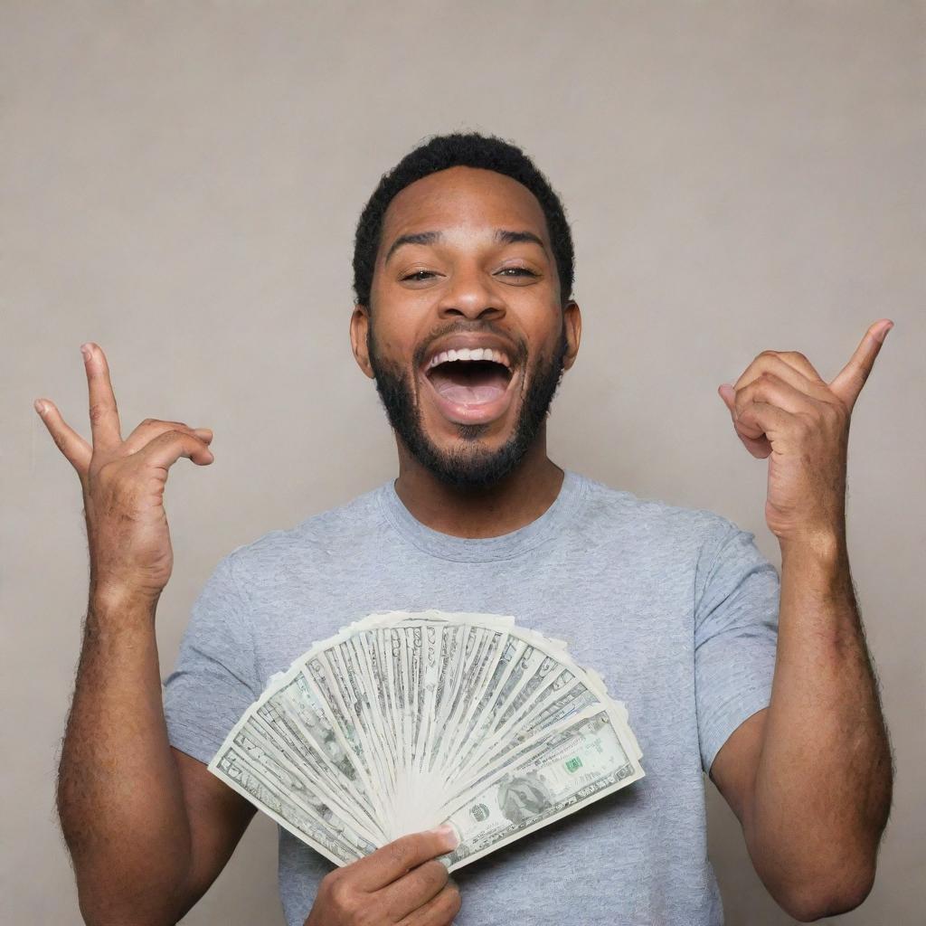 A man joyfully holding up a fan of one thousand dollar bills in cash.