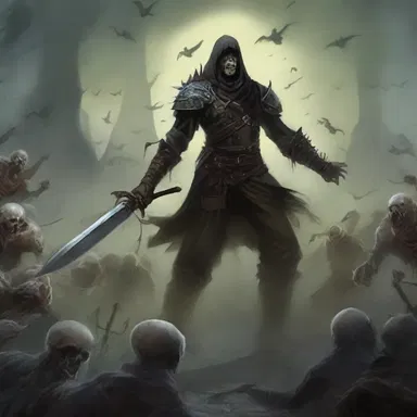The protagonist faced a grim army of undead creatures in the final battle of the epic fantasy novel.