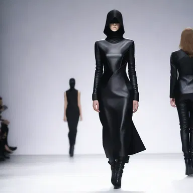The fashion designer showcased a collection of grim, all-black garments with sharp angles and harsh lines.