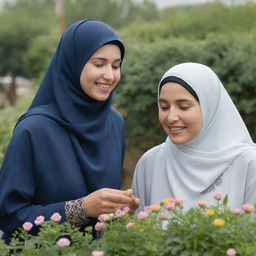 A woman in Hijab assisting her mother in the home garden, with an emphasis on her face, designed to enable AI-driven mouth movements