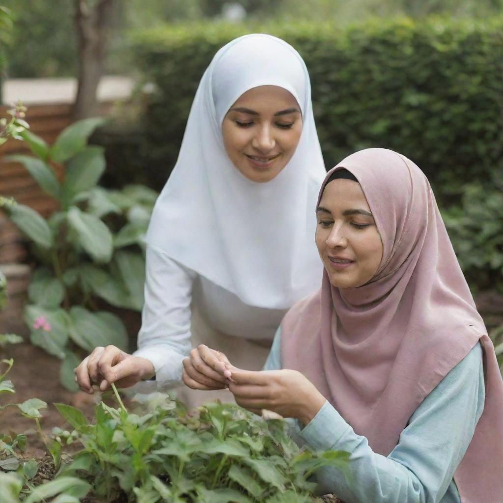 A woman in Hijab assisting her mother in the home garden, with an emphasis on her face, designed to enable AI-driven mouth movements