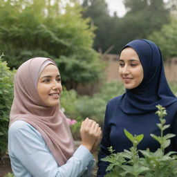 A woman in Hijab assisting her mother in the home garden, with an emphasis on her face, designed to enable AI-driven mouth movements