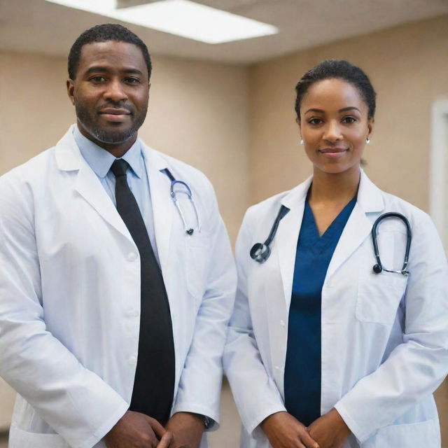 Two black doctors, dressed in professional attire with stethoscopes draped around their necks, standing confidently in a hospital or clinic environment