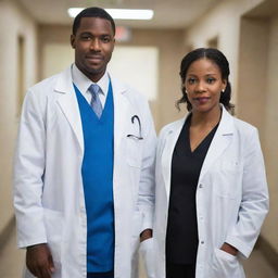 Two black doctors, dressed in professional attire with stethoscopes draped around their necks, standing confidently in a hospital or clinic environment