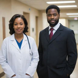 Two black doctors, dressed in professional attire with stethoscopes draped around their necks, standing confidently in a hospital or clinic environment