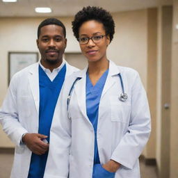 Two black doctors, dressed in professional attire with stethoscopes draped around their necks, standing confidently in a hospital or clinic environment