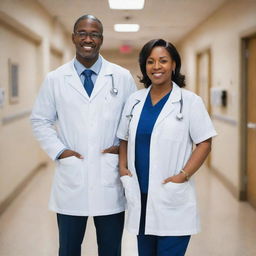 A full-length portrait of two black doctors both in professional attire with stethoscopes around their necks, standing together confidently in a hospital environment