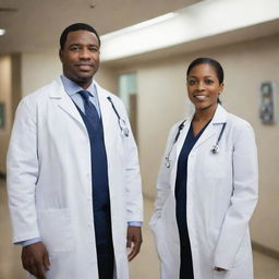 A full-length portrait of two black doctors both in professional attire with stethoscopes around their necks, standing together confidently in a hospital environment