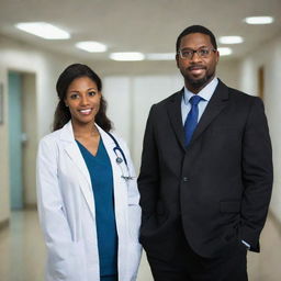 A full-length portrait of two black doctors both in professional attire with stethoscopes around their necks, standing together confidently in a hospital environment