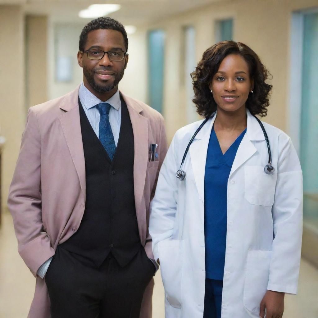 A full-length portrait of two black doctors both in professional attire with stethoscopes around their necks, standing together confidently in a hospital environment