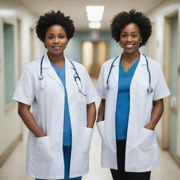 A full-length portrait of two black female doctors, dressed in professional medical attire with stethoscopes around their necks, standing together confidently in a hospital scene