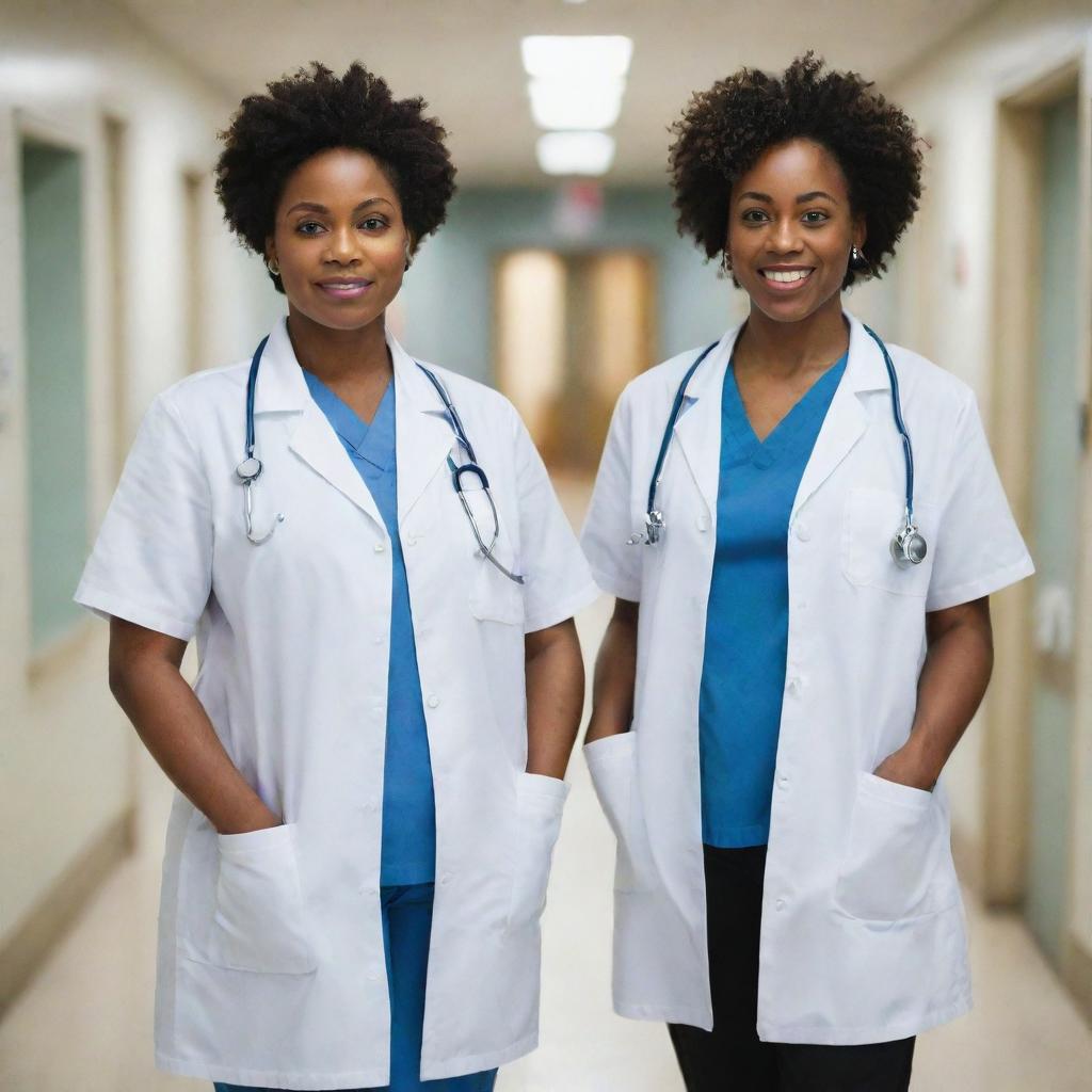 A full-length portrait of two black female doctors, dressed in professional medical attire with stethoscopes around their necks, standing together confidently in a hospital scene