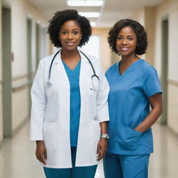 A full-length portrait of two black female doctors, dressed in professional medical attire with stethoscopes around their necks, standing together confidently in a hospital scene