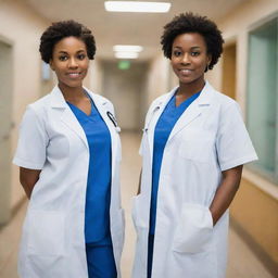 A full-length portrait of two black female doctors, dressed in professional medical attire with stethoscopes around their necks, standing together confidently in a hospital scene