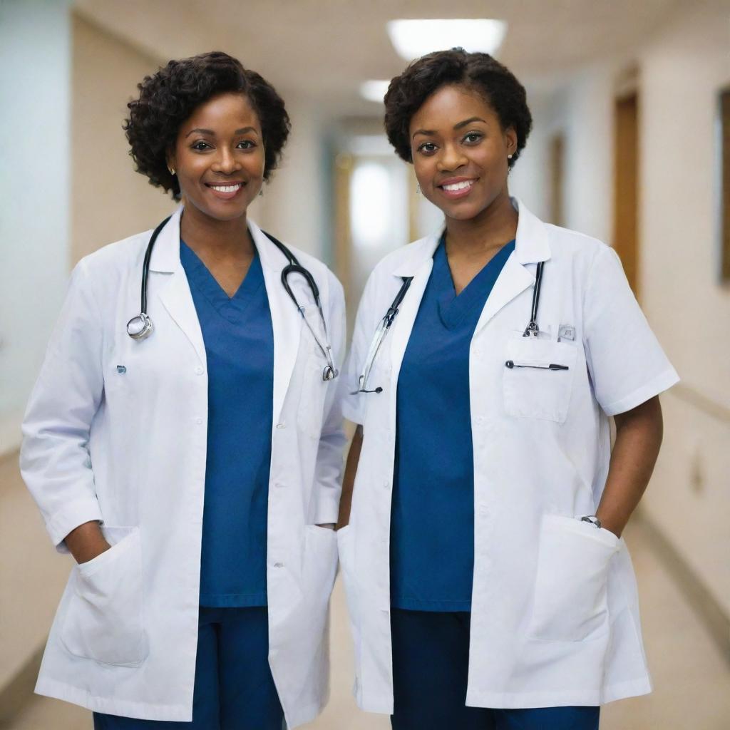 A full-length portrait of two black female doctors, dressed in professional medical attire with stethoscopes around their necks, standing together confidently in a hospital scene