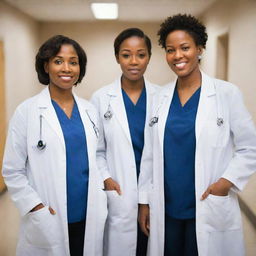 A full-length, straight perspective of two black female doctors, dressed professionally with stethoscopes around their necks, standing upright in a clinical setting