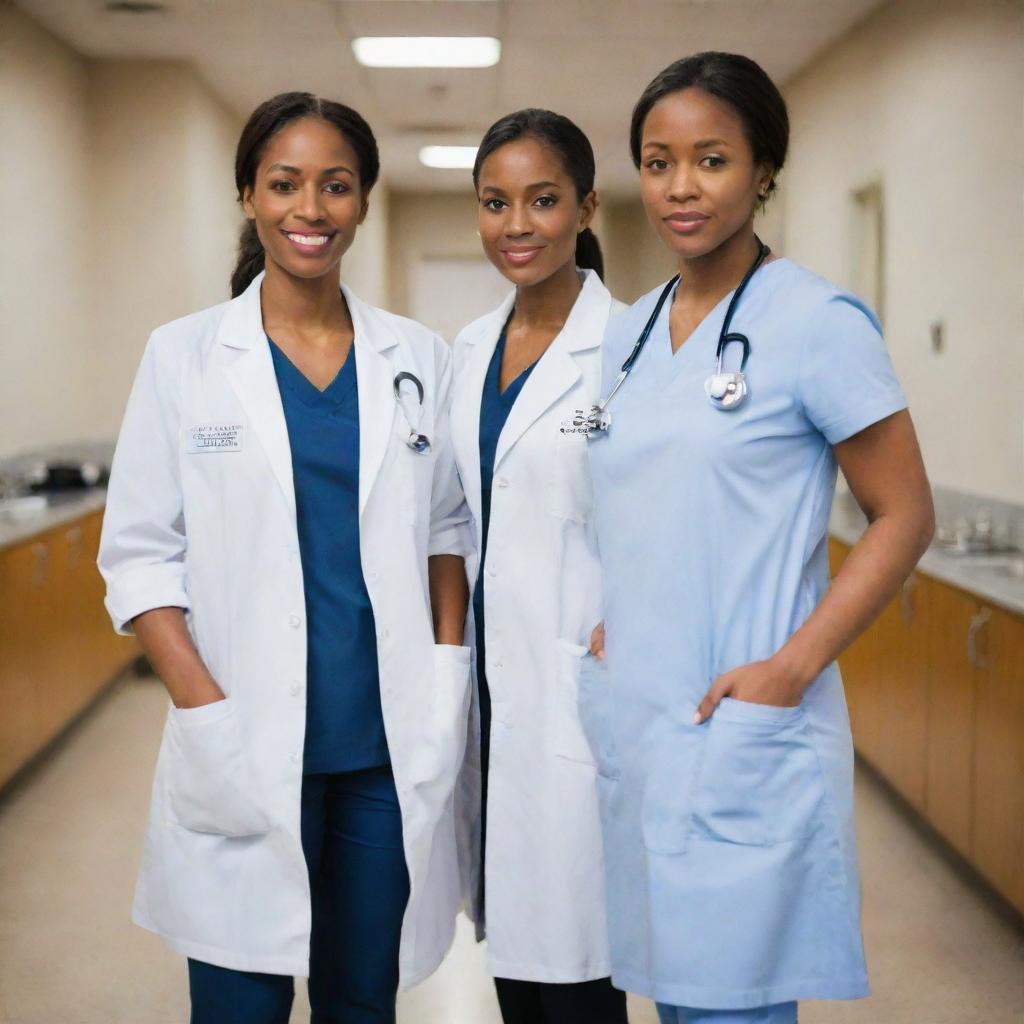 A full-length, straight perspective of two black female doctors, dressed professionally with stethoscopes around their necks, standing upright in a clinical setting