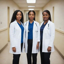 A full-length, straight perspective of two black female doctors, dressed professionally with stethoscopes around their necks, standing upright in a clinical setting