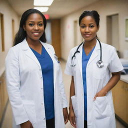 A full-length, straight perspective of two black female doctors, dressed professionally with stethoscopes around their necks, standing upright in a clinical setting