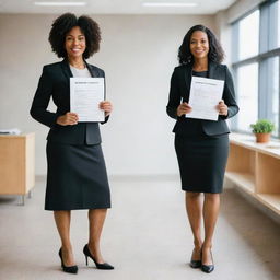 A full-length, straight perspective portrait of two black female nutritionists in professional attire, standing upright, holding dietary guides in hand within a bright office setting